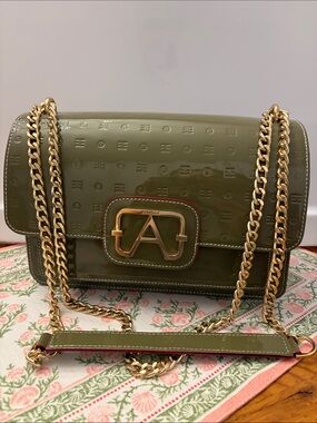 Arcadia Olive Green Patent Crossbody with Gold Chain